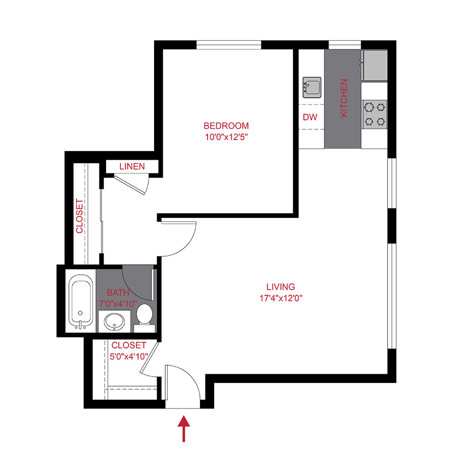 Rendering of the 50COR1X1 floor plan with 1 bedroom[s] and 1 bathroom[s] at 50 Corona