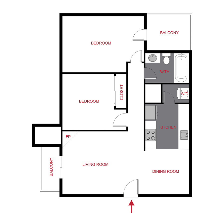 Rendering of the Colorado floor plan with 2 bedroom[s] and 1 bathroom[s] at Hadley