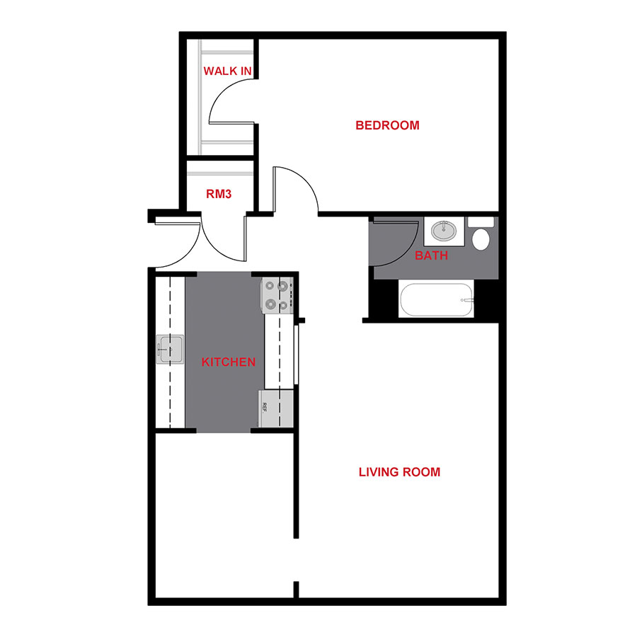 Rendering of the 1357 One Bedroom floor plan with 1 bedroom[s] and 1 bathroom[s] at 1357 & 1373 Cook