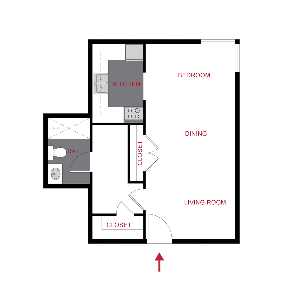Rendering of the Plan S1 - Studio floor plan with a Studio bedroom and 1 bathroom[s] at 970 Penn