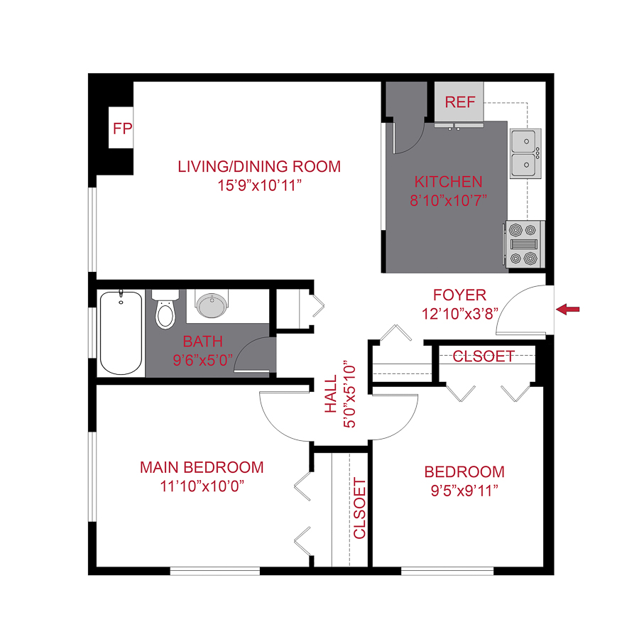 Rendering of the Plan B - Two Bedroom floor plan with 2 bedroom[s] and 1 bathroom[s] at 1430 Humboldt
