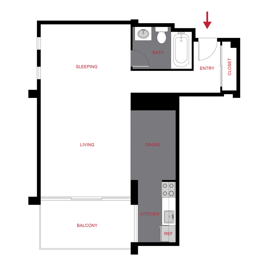Rendering of the Plan S1 - Studio floor plan with a Studio bedroom and 1 bathroom[s] at 1000 Grant the Burnsley