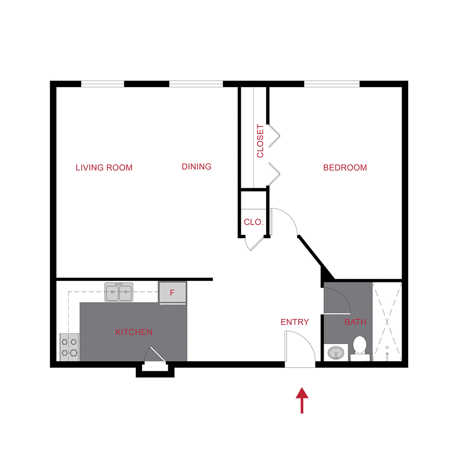 Rendering of the Plan A1 - One Bedroom floor plan with 1 bedroom[s] and 1 bathroom[s] at 970 Penn
