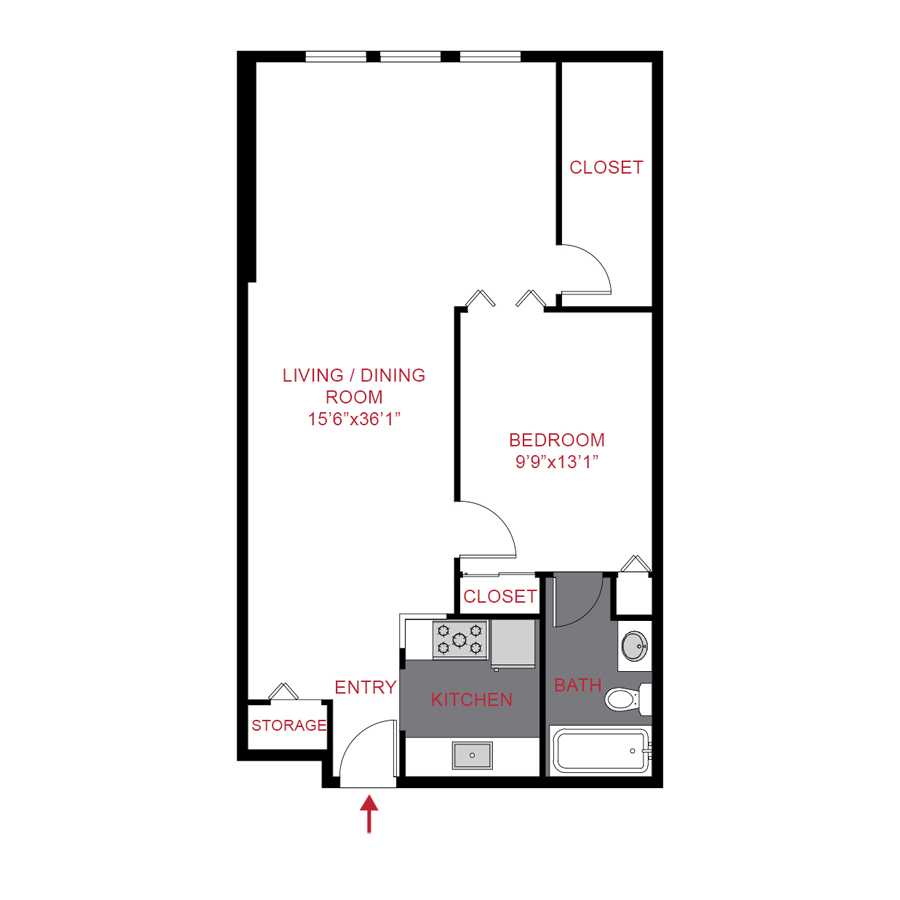Rendering of the A5 floor plan with 1 bedroom[s] and 1 bathroom[s] at Colorado Station