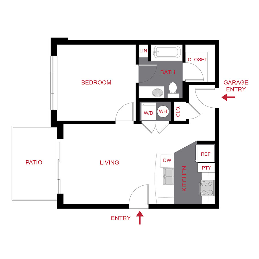 Rendering of the Plan 1A floor plan with 1 bedroom[s] and 1 bathroom[s] at Monaco Row