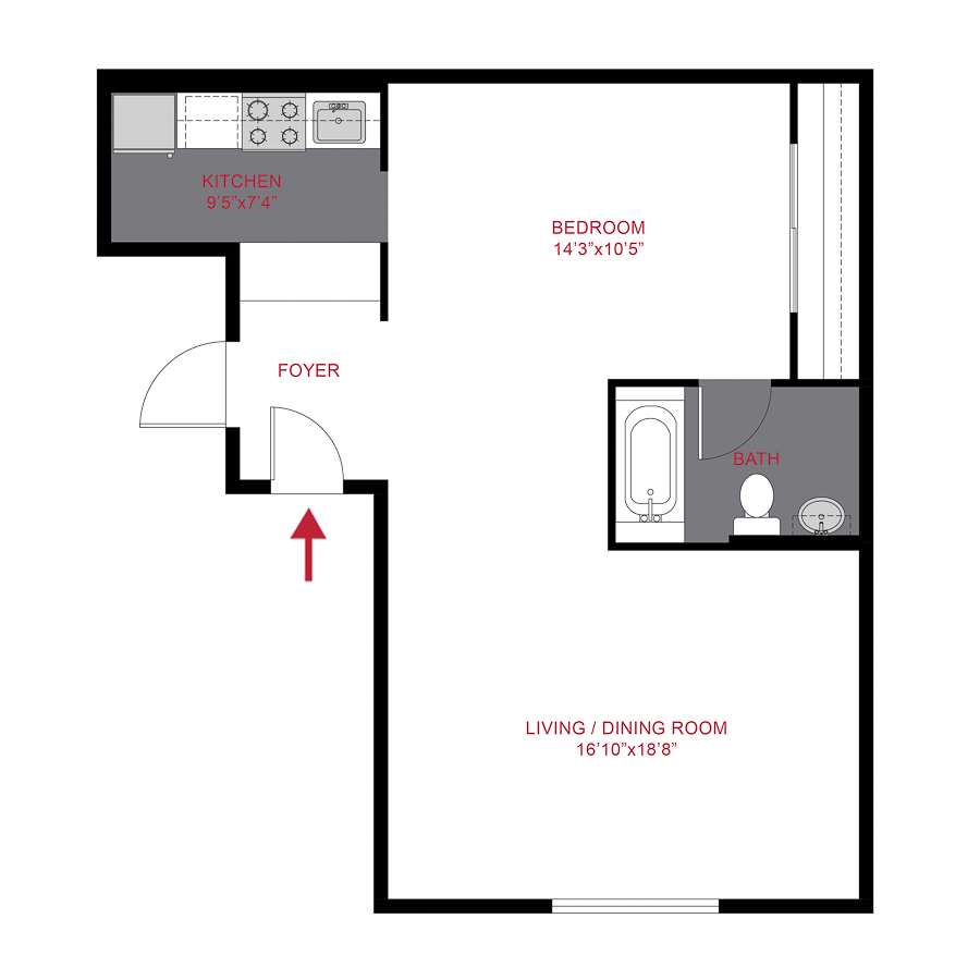 Rendering of the 825 Dahlia - Plan S2 floor plan with a Studio bedroom and 1 bathroom[s] at The Dexters & Dahlias