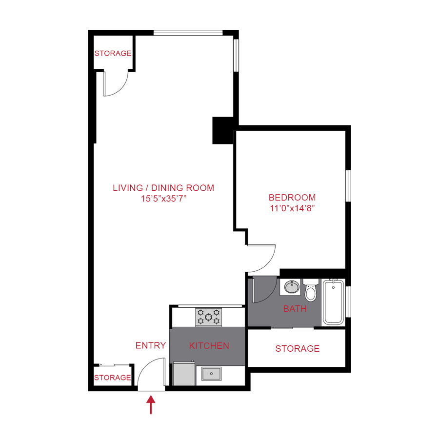 Rendering of the A8 floor plan with 1 bedroom[s] and 1 bathroom[s] at Colorado Station