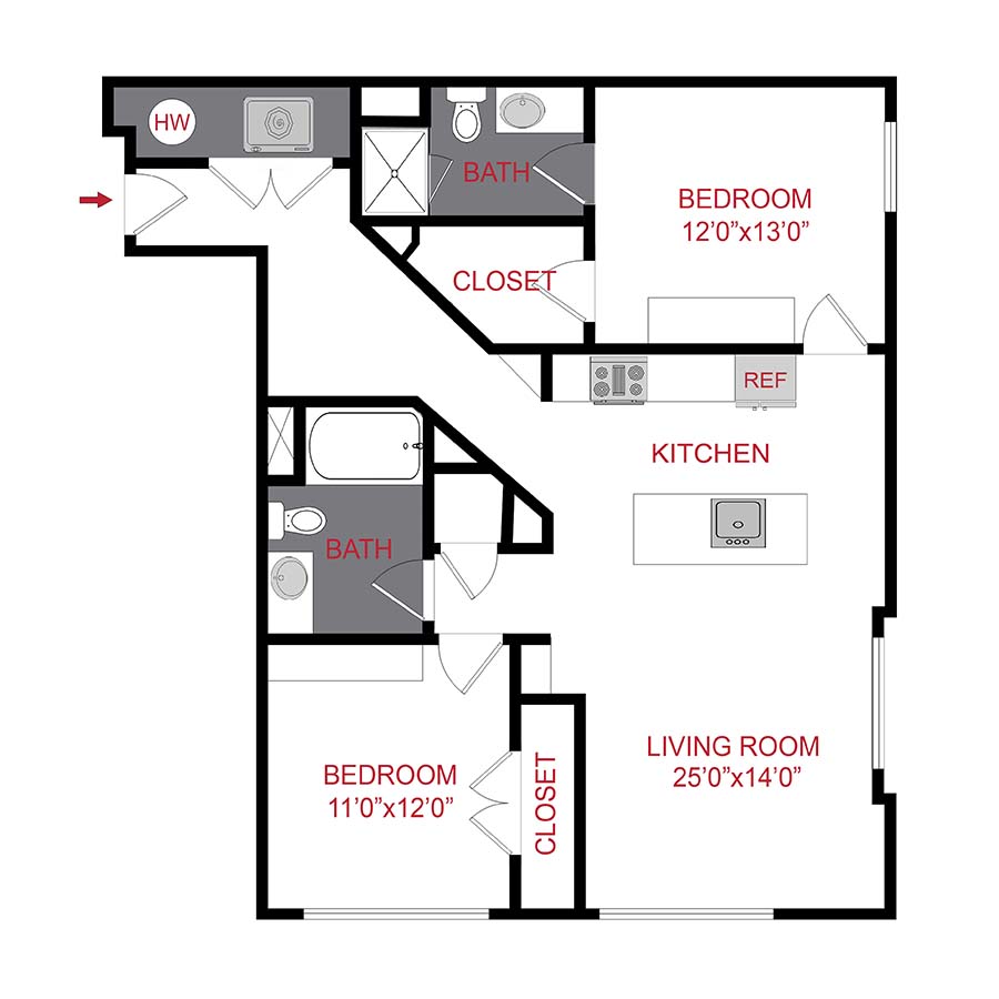 Rendering of the The Albers floor plan with 2 bedroom[s] and 2 bathroom[s] at 7/S Denver Haus