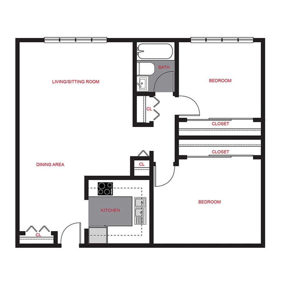 Rendering of the B1 floor plan with 2 bedroom[s] and 1 bathroom[s] at Colorado Station