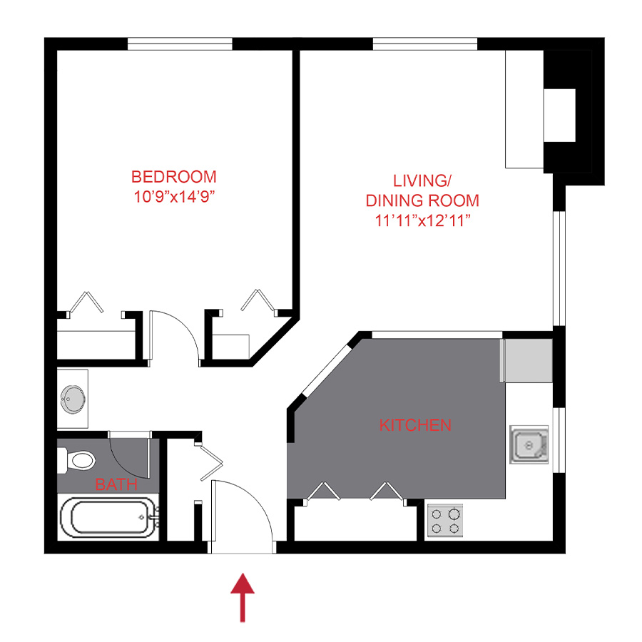 Rendering of the A2R floor plan with 1 bedroom[s] and 1 bathroom[s] at 1360 Williams