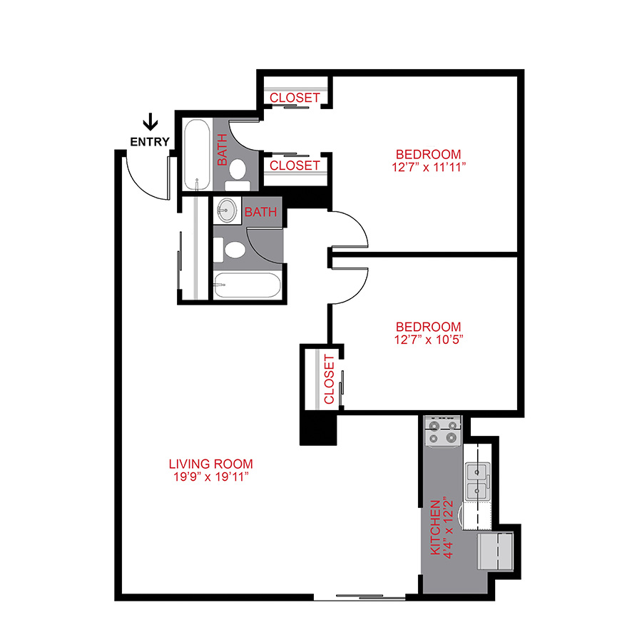 Rendering of the Plan B - Two Bedroom floor plan with 2 bedroom[s] and 2 bathroom[s] at 1190 Birch