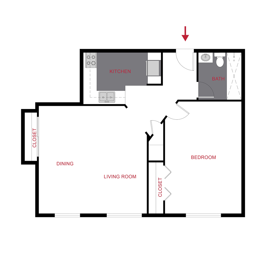 Rendering of the Plan A2 - One Bedroom floor plan with 1 bedroom[s] and 1 bathroom[s] at 970 Penn