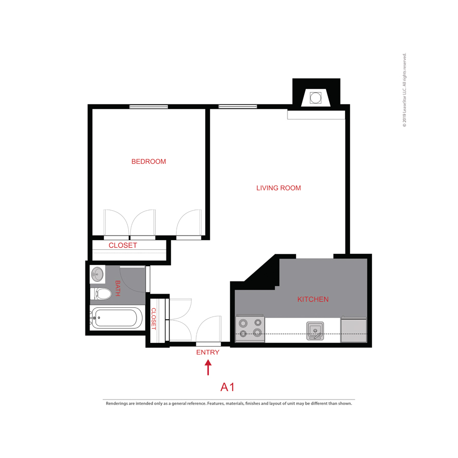 Rendering of the A1 floor plan with 1 bedroom[s] and 1 bathroom[s] at 899 Washington