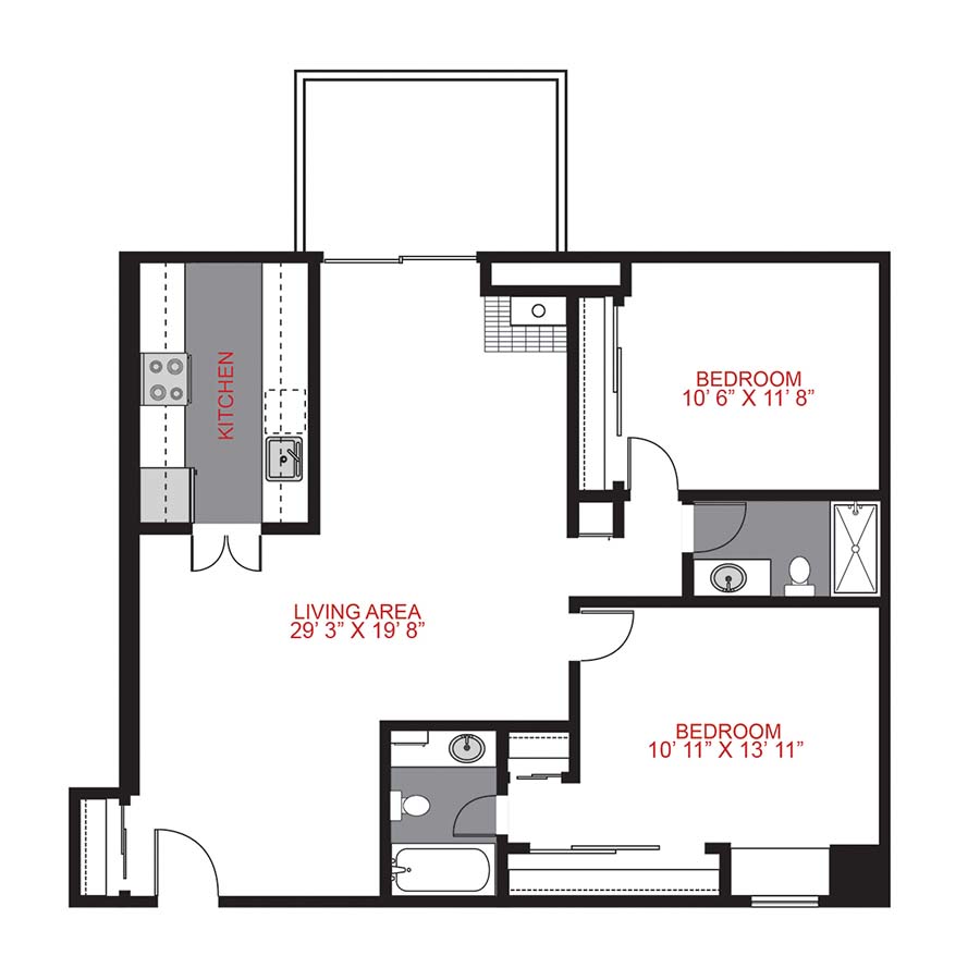 Rendering of the Plan B1 - Two Bedroom floor plan with 2 bedroom[s] and 2 bathroom[s] at 515 Clarkson