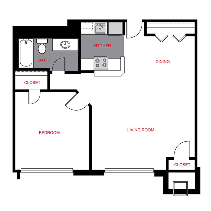 Rendering of the A3 floor plan with 1 bedroom[s] and 1 bathroom[s] at Colorado Station