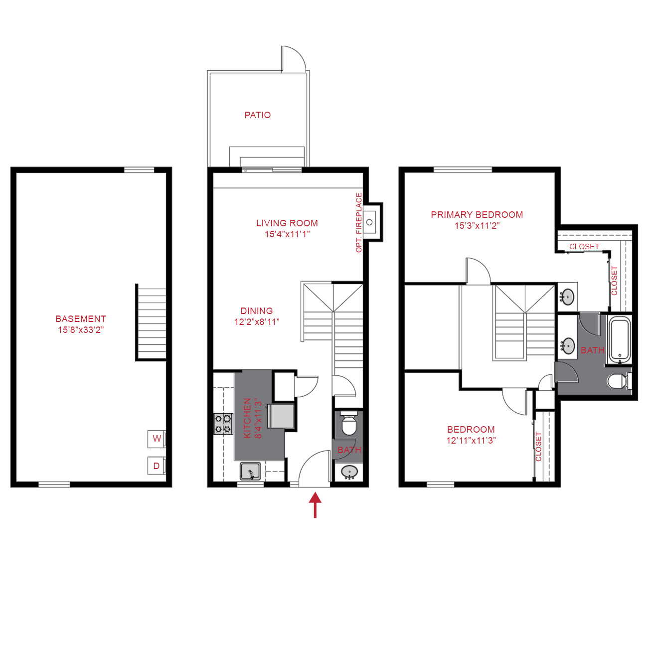 Rendering of the B2 floor plan with 2 bedroom[s] and 1.5 bathroom[s] at Elowyn
