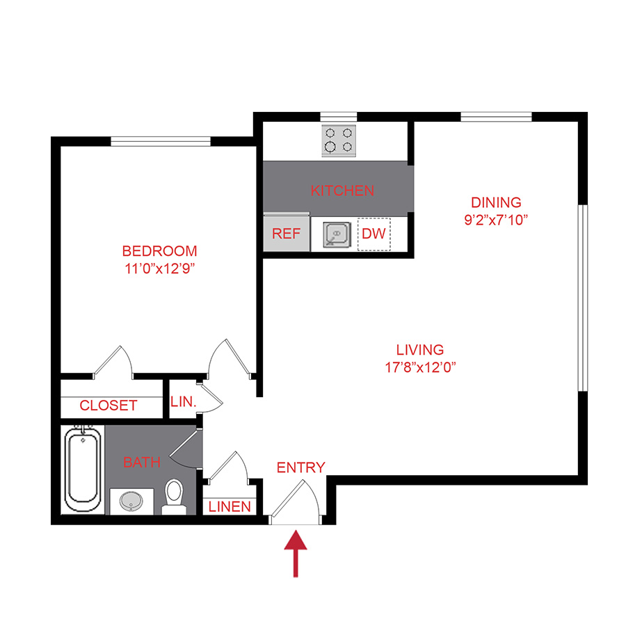 Rendering of the A1 floor plan with 1 bedroom[s] and 1 bathroom[s] at 25 Emerson