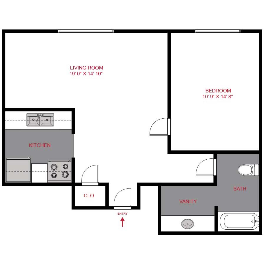 Rendering of the A4 floor plan with 1 bedroom[s] and 1 bathroom[s] at 1280 Lafayette