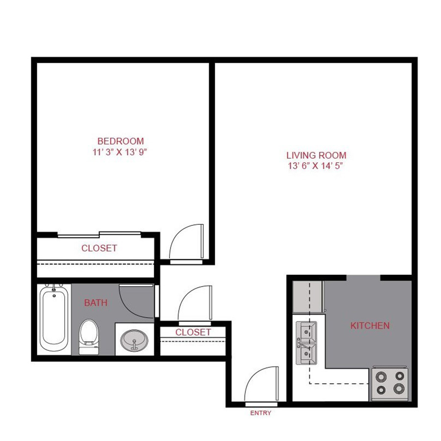 Rendering of the A1 floor plan with 1 bedroom[s] and 1 bathroom[s] at 10 S Penn
