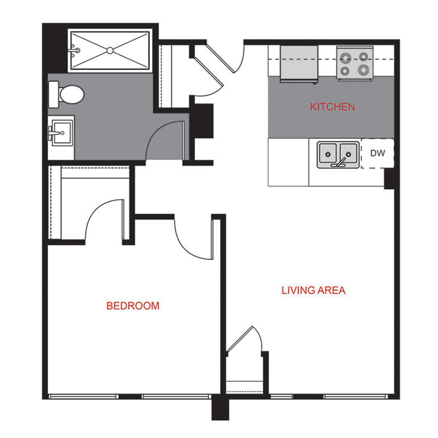 Rendering of the Plan A2 floor plan with 1 bedroom[s] and 1 bathroom[s] at 1375 High