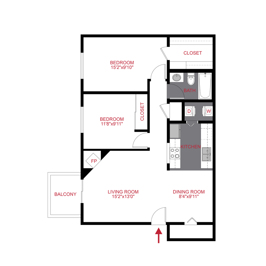 Rendering of the 2 Bed 1 Bath floor plan with 2 bedroom[s] and 1 bathroom[s] at Cottonwood Creek