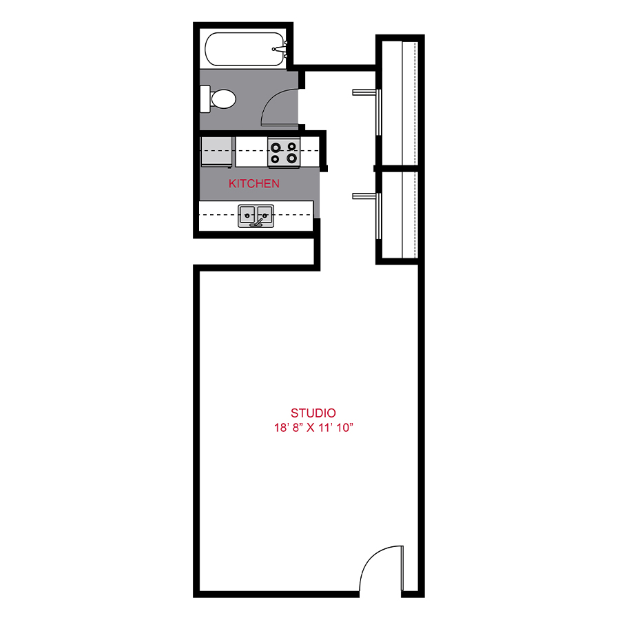 Rendering of the 833 Dexter - Plan S floor plan with a Studio bedroom and 1 bathroom[s] at The Dexters & Dahlias