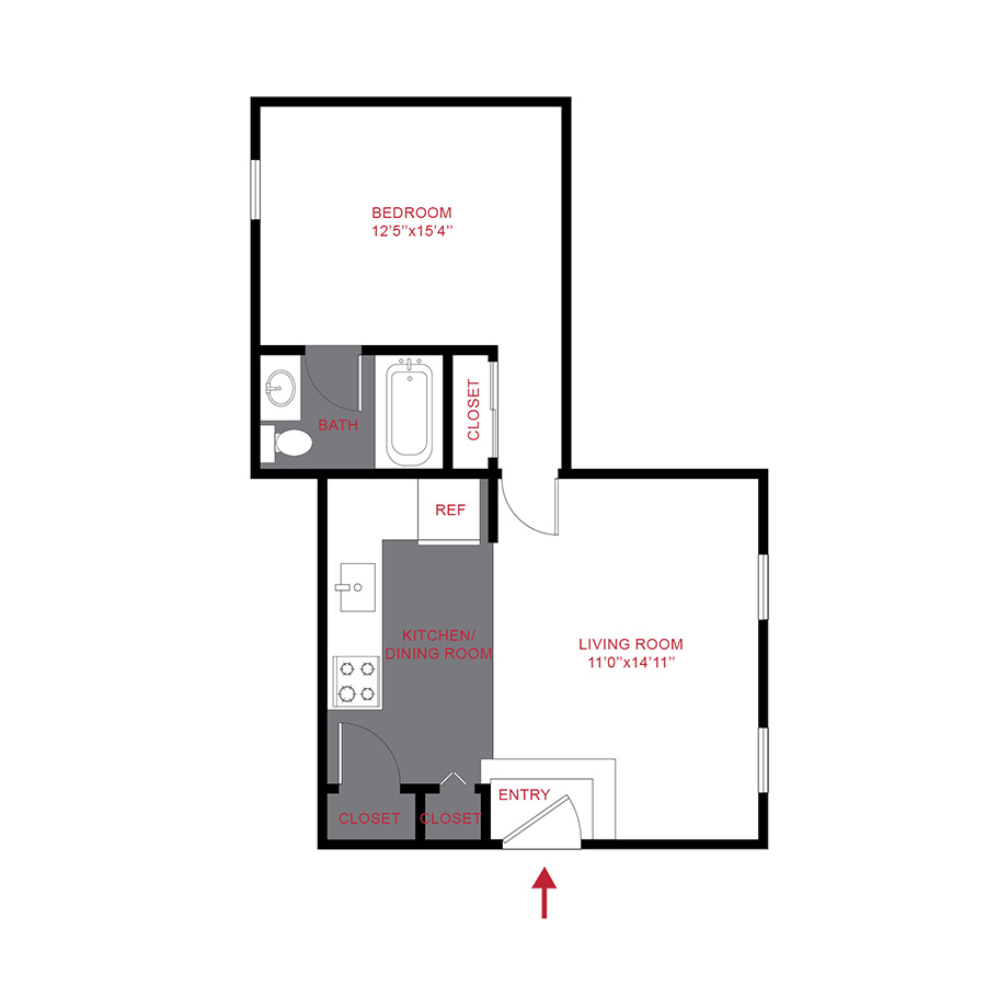 Rendering of the 1153 A1 - One Bedroom floor plan with 1 bedroom[s] and 1 bathroom[s] at 1145 & 1153 Ogden