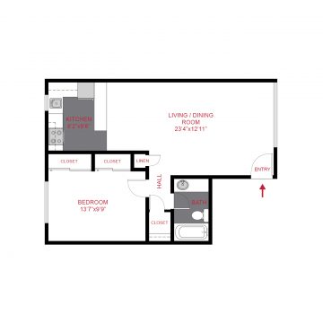 Rendering of the 833 Dexter - Plan A2 floor plan with 1 bedroom[s] and 1 bathroom[s] at The Dexters & Dahlias