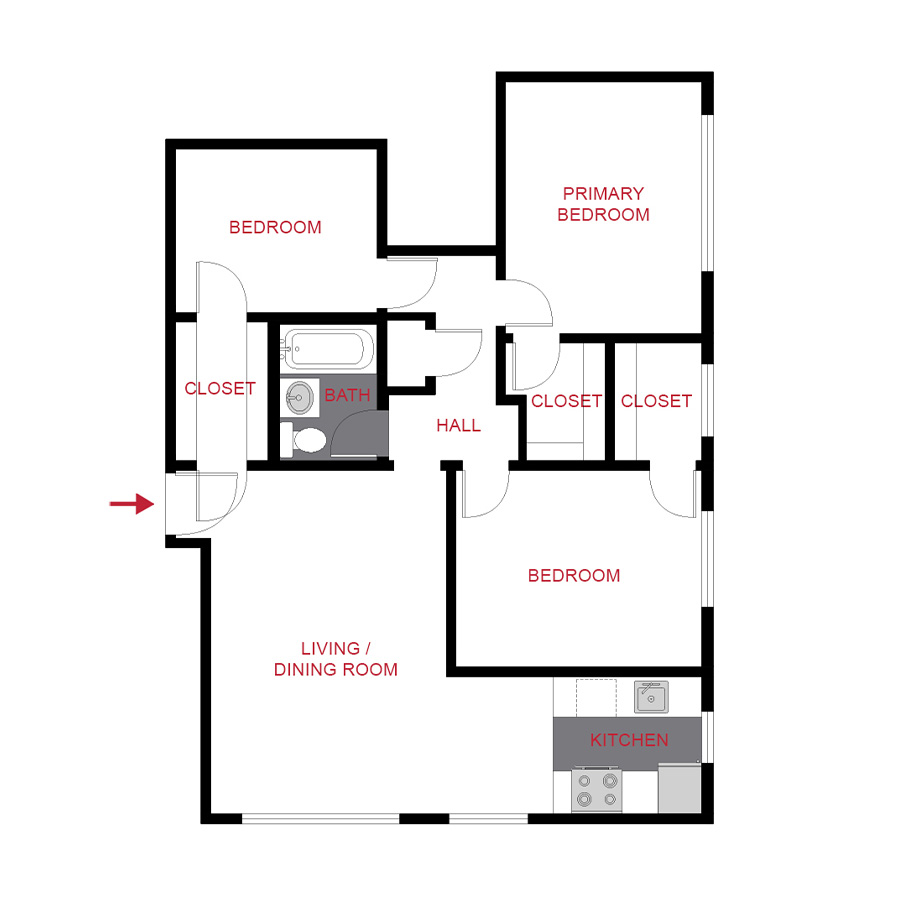 Rendering of the 50COR2X1 floor plan with 2 bedroom[s] and 1 bathroom[s] at 50 Corona