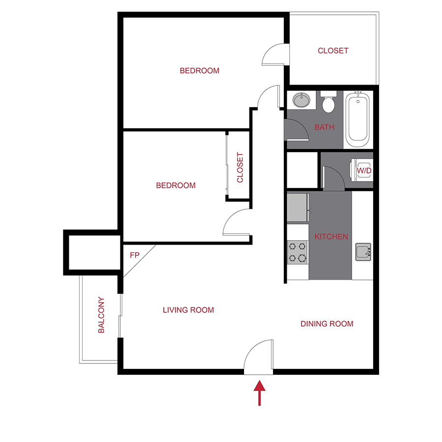 Rendering of the Colorado floor plan with 2 bedroom[s] and 1 bathroom[s] at Hadley