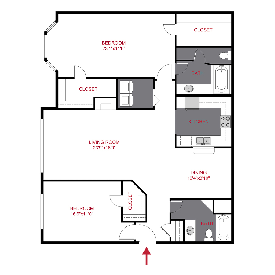 Rendering of the Cherry Creek Extended floor plan with 2 bedroom[s] and 2 bathroom[s] at Timber Creek