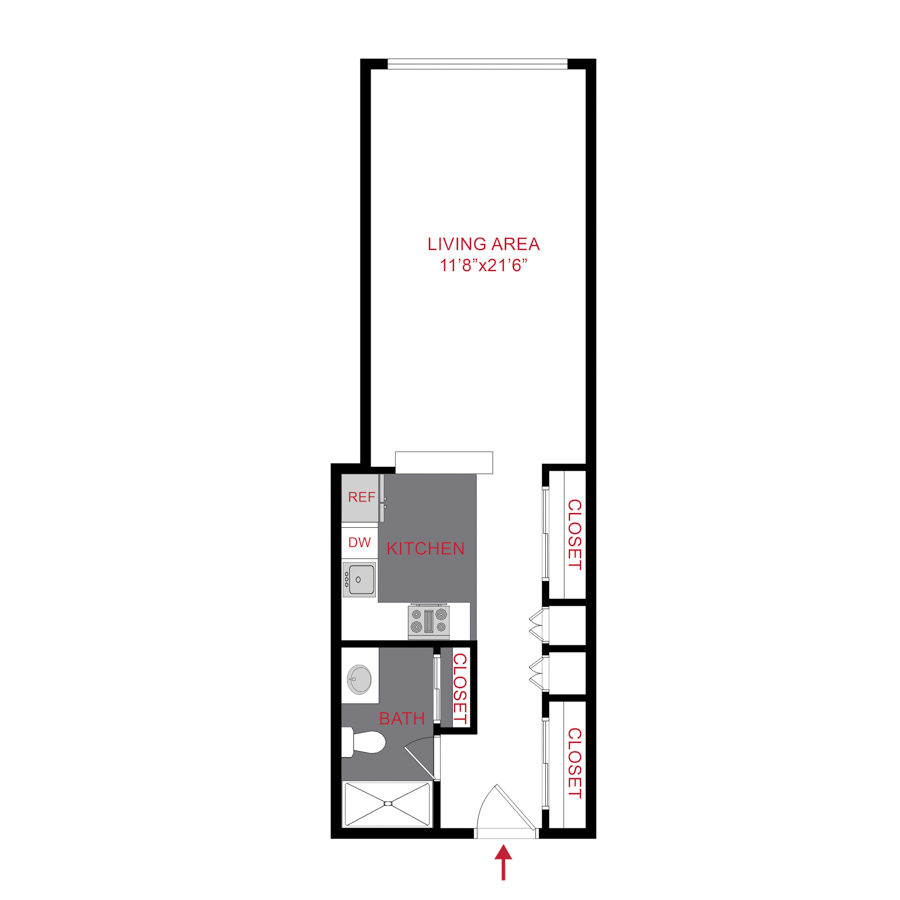 Rendering of the 550stud floor plan with a Studio bedroom and 1 bathroom[s] at FIVE50