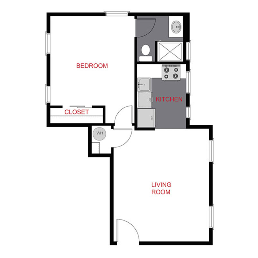 Rendering of the 1153 A3 - One Bedroom floor plan with 1 bedroom[s] and 1 bathroom[s] at 1145 & 1153 Ogden