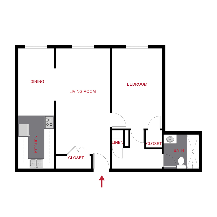 Rendering of the Plan A4 - One Bedroom floor plan with 1 bedroom[s] and 1 bathroom[s] at 970 Penn
