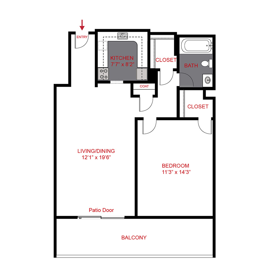 Rendering of the A2 floor plan with 1 bedroom[s] and 1 bathroom[s] at Liv on Steele
