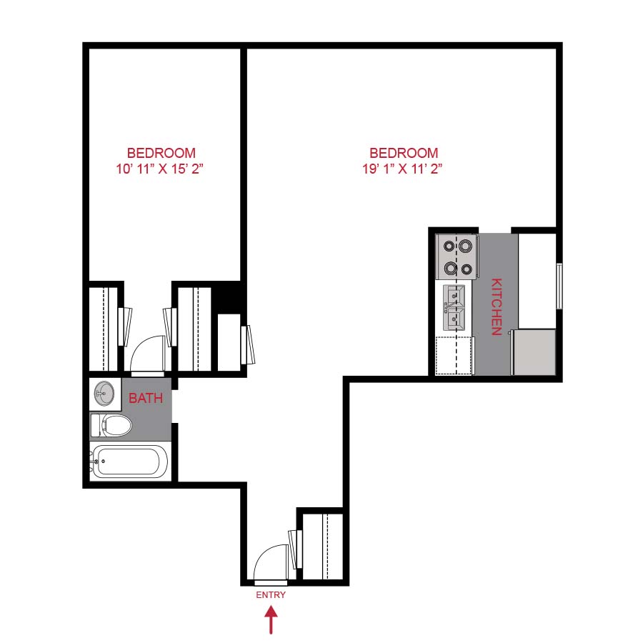 Rendering of the A3 floor plan with 1 bedroom[s] and 1 bathroom[s] at 1280 Lafayette