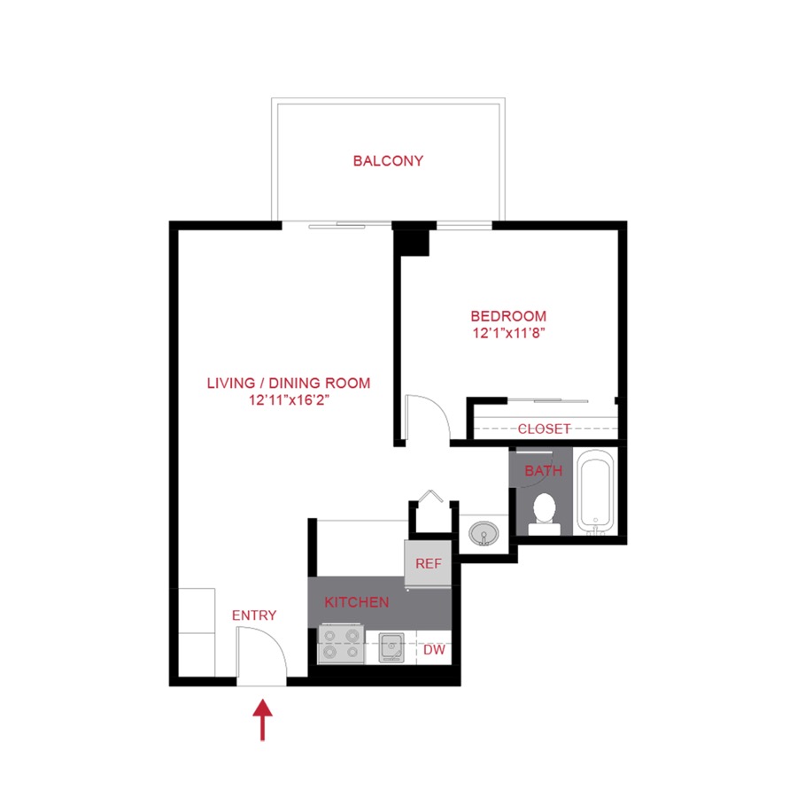 Rendering of the A1 floor plan with 1 bedroom[s] and 1 bathroom[s] at 180 Flats