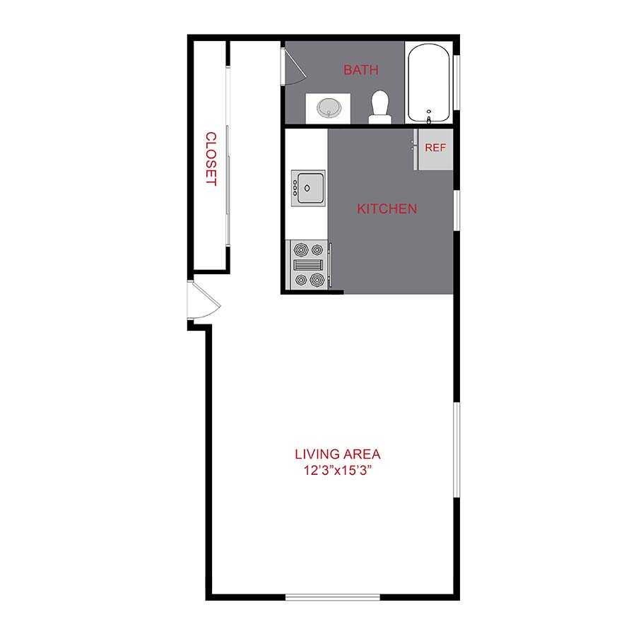 Rendering of the S2 floor plan with a Studio bedroom and 1 bathroom[s] at 1120/1136 York
