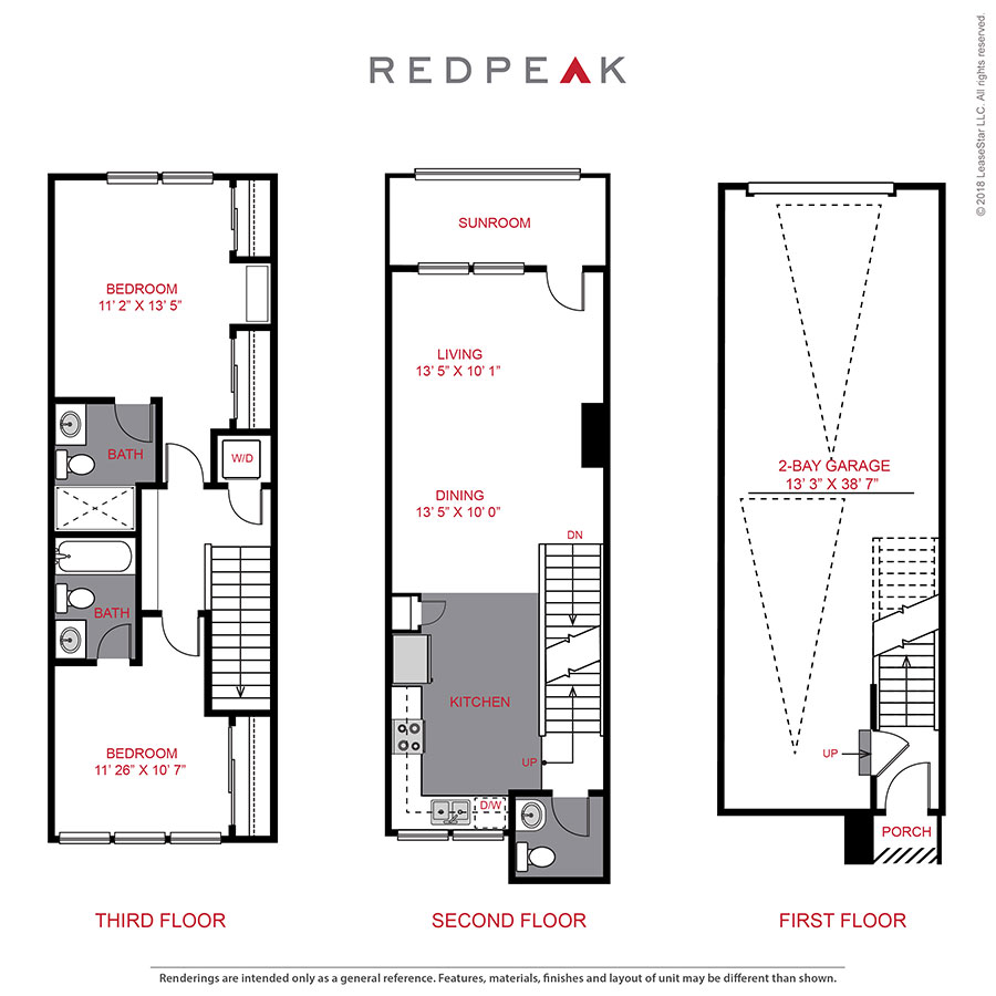 Rendering of the Plan 1 floor plan with 2 bedroom[s] and 2.5 bathroom[s] at Platt Park Townhomes