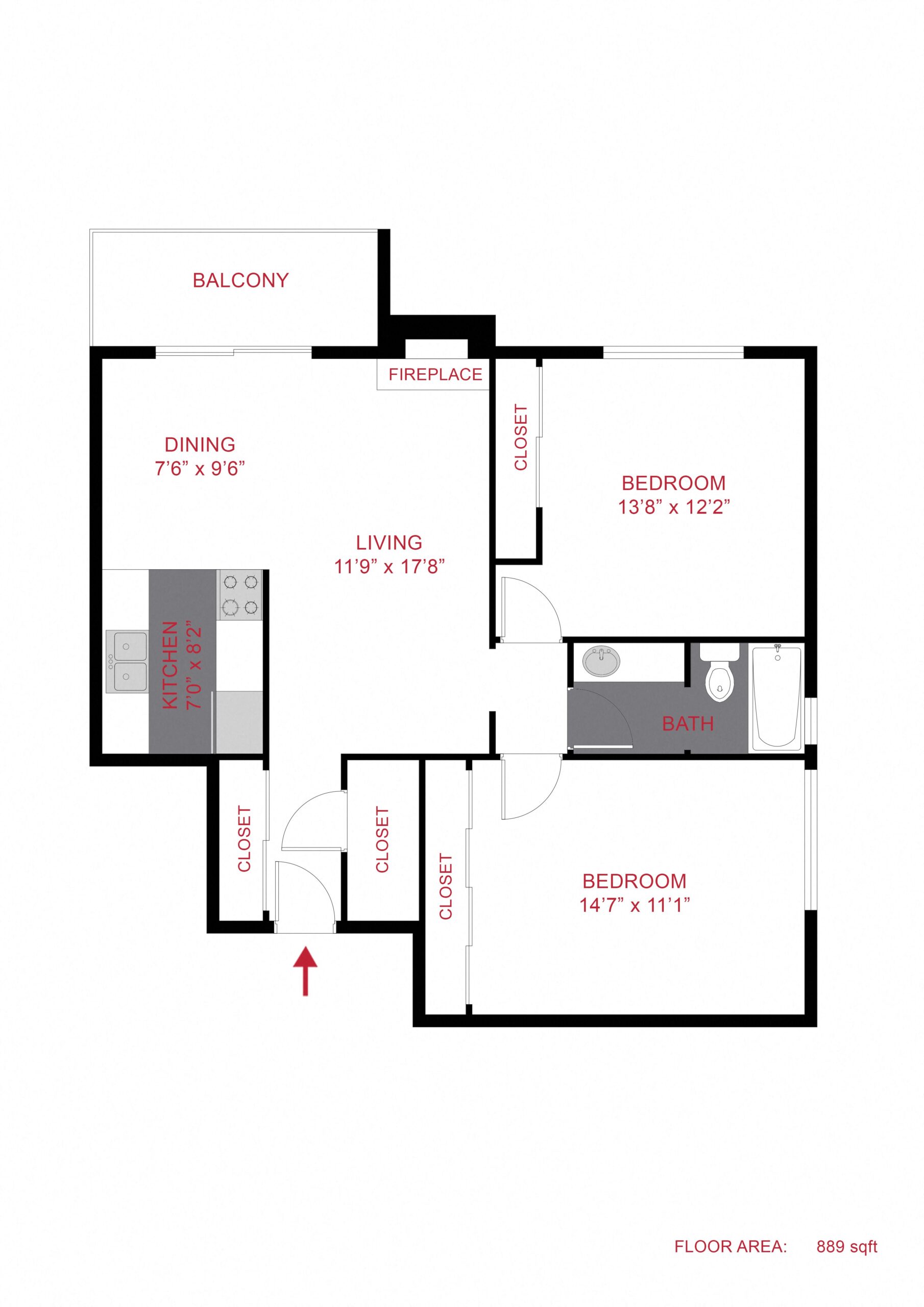 Rendering of the Plan B - Two Bedroom floor plan with 2 bedroom[s] and 1 bathroom[s] at 1265 Downing