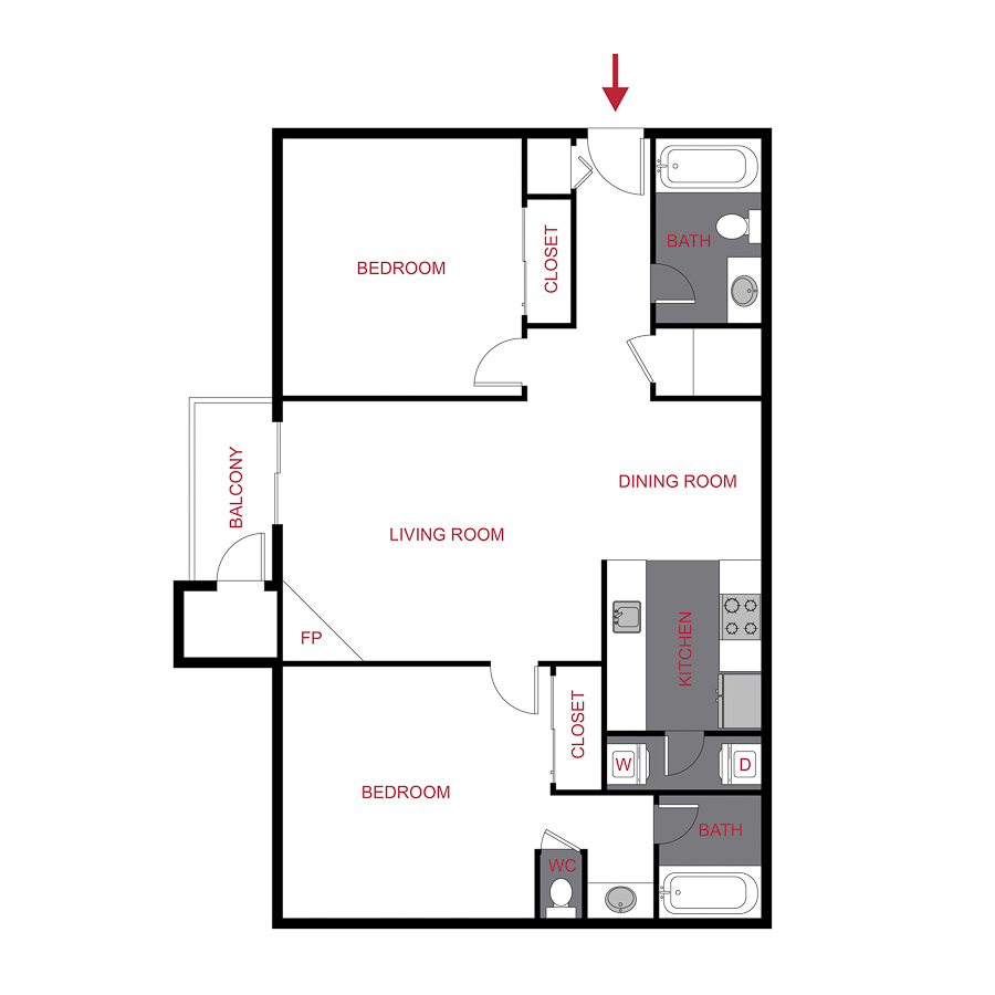 Rendering of the Rio Grande floor plan with 2 bedroom[s] and 2 bathroom[s] at Hadley
