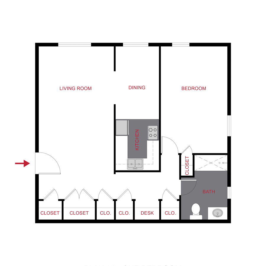 Rendering of the Plan A6 - One Bedroom floor plan with 1 bedroom[s] and 1 bathroom[s] at 970 Penn