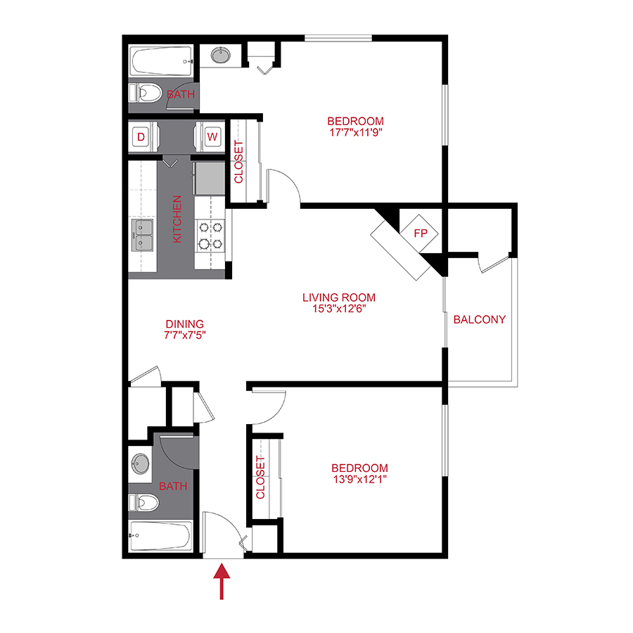 Rendering of the 2 Bed 2 Bath floor plan with 2 bedroom[s] and 2 bathroom[s] at Cottonwood Creek