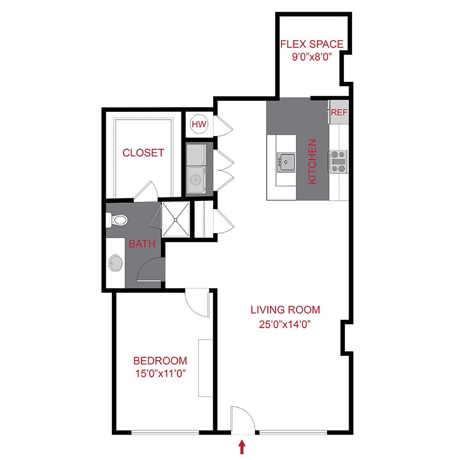 Rendering of the The Bayer floor plan with 1 bedroom[s] and 1 bathroom[s] at 7/S Denver Haus