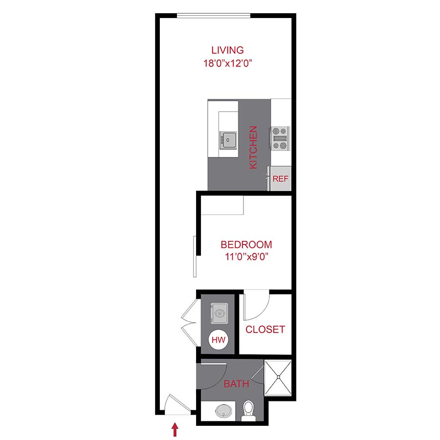 Rendering of the The Wright floor plan with 1 bedroom[s] and 1 bathroom[s] at 7/S Denver Haus