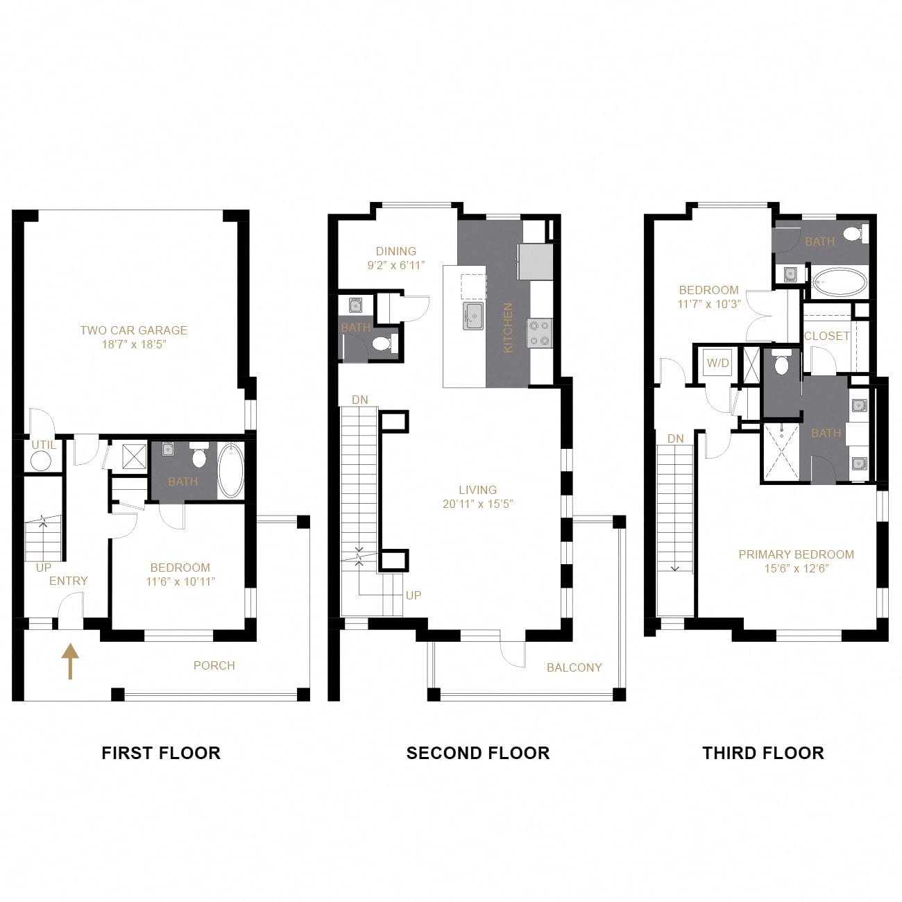 Rendering of the The Encore floor plan with 3 bedroom[s] and 3.5 bathroom[s] at Allyson Townhomes