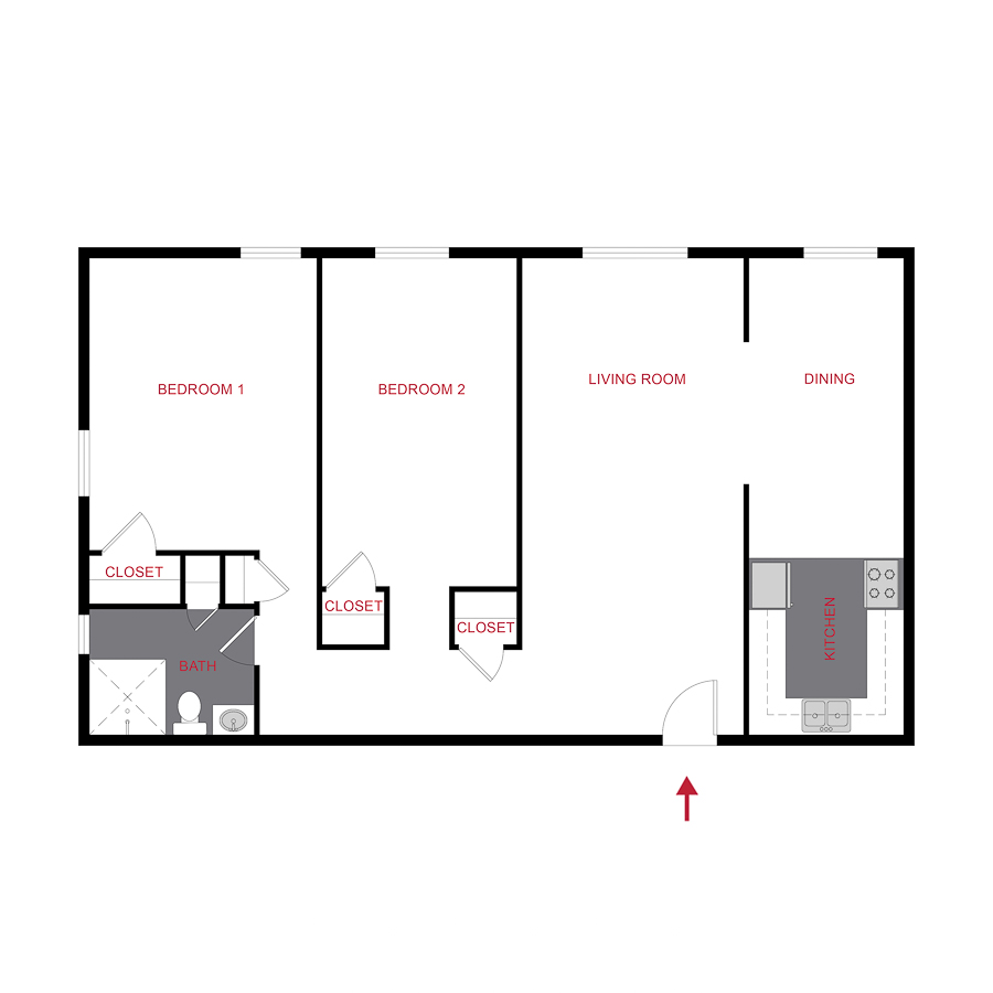 Rendering of the Plan B - Two Bedroom floor plan with 2 bedroom[s] and 1 bathroom[s] at 970 Penn