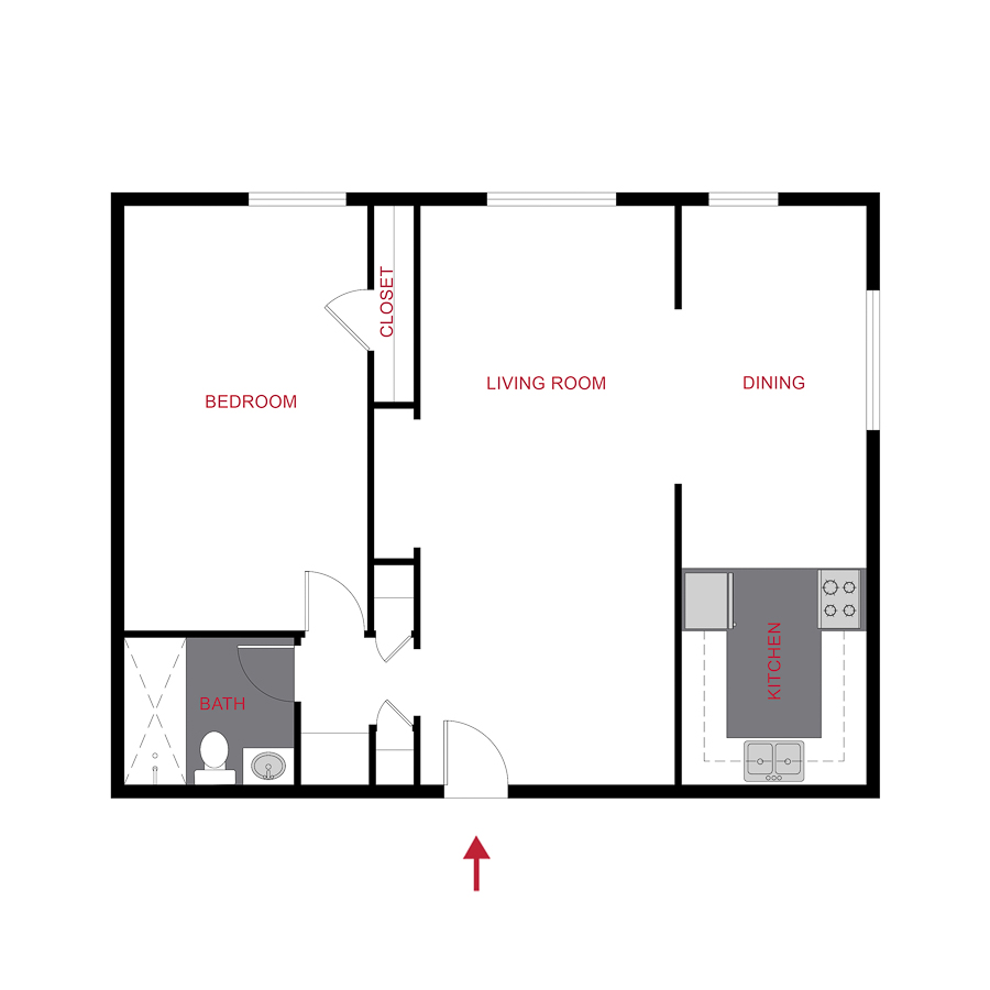 Rendering of the Plan A5 - One Bedroom floor plan with 1 bedroom[s] and 1 bathroom[s] at 970 Penn