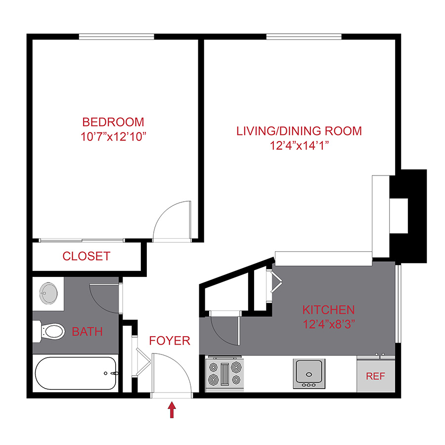 Rendering of the A4 floor plan with 1 bedroom[s] and 1 bathroom[s] at 1402 Race