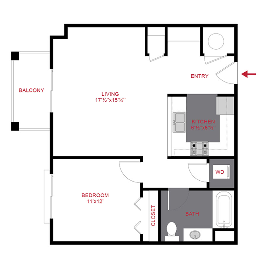 Rendering of the A1.A floor plan with 1 bedroom[s] and 1 bathroom[s] at Trocadero